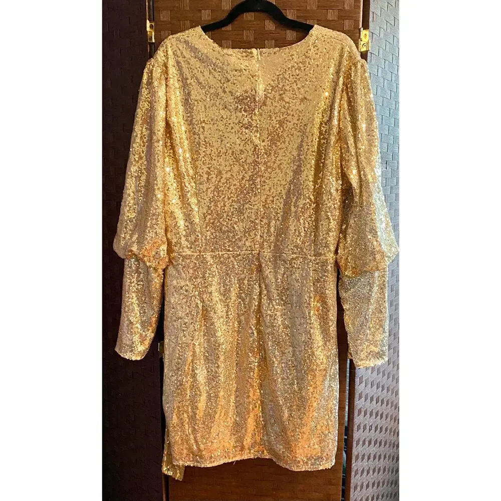 Sequin Puff Sleeve Tie Belted Mini Dress- Size 20 - Picture 5 of 6
